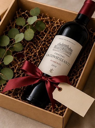 Wine gift box with ribbon and thank-you card