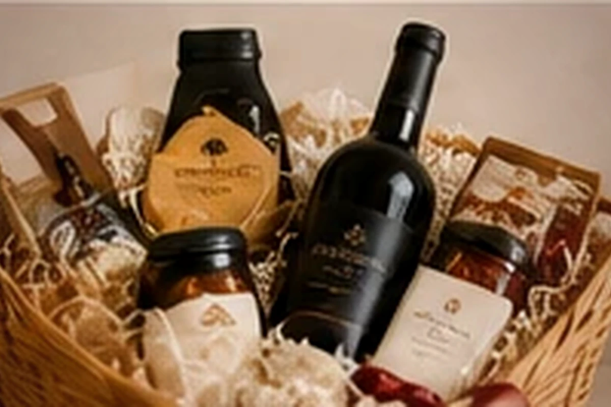 Wine hamper with food and gift packaging