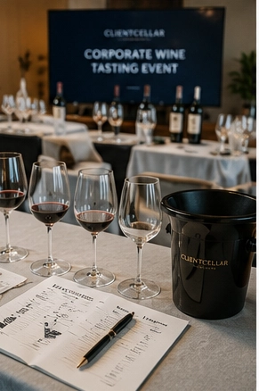 Wine glasses and tasting notes for a corporate event