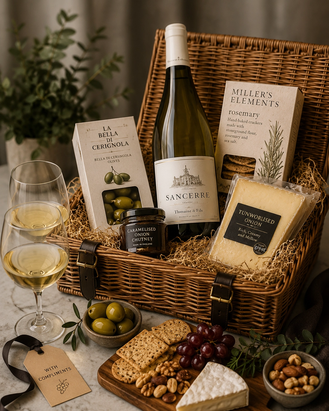 Food and wine hamper with gift packaging