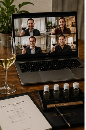 Virtual wine tasting packs beside a laptop
