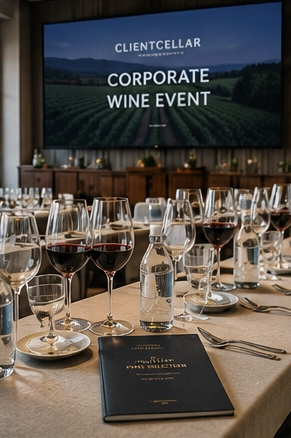 Wine glasses and tasting notes for a corporate event