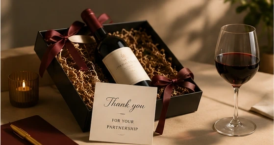 Corporate wine gift box with bottle, glass and thank-you card