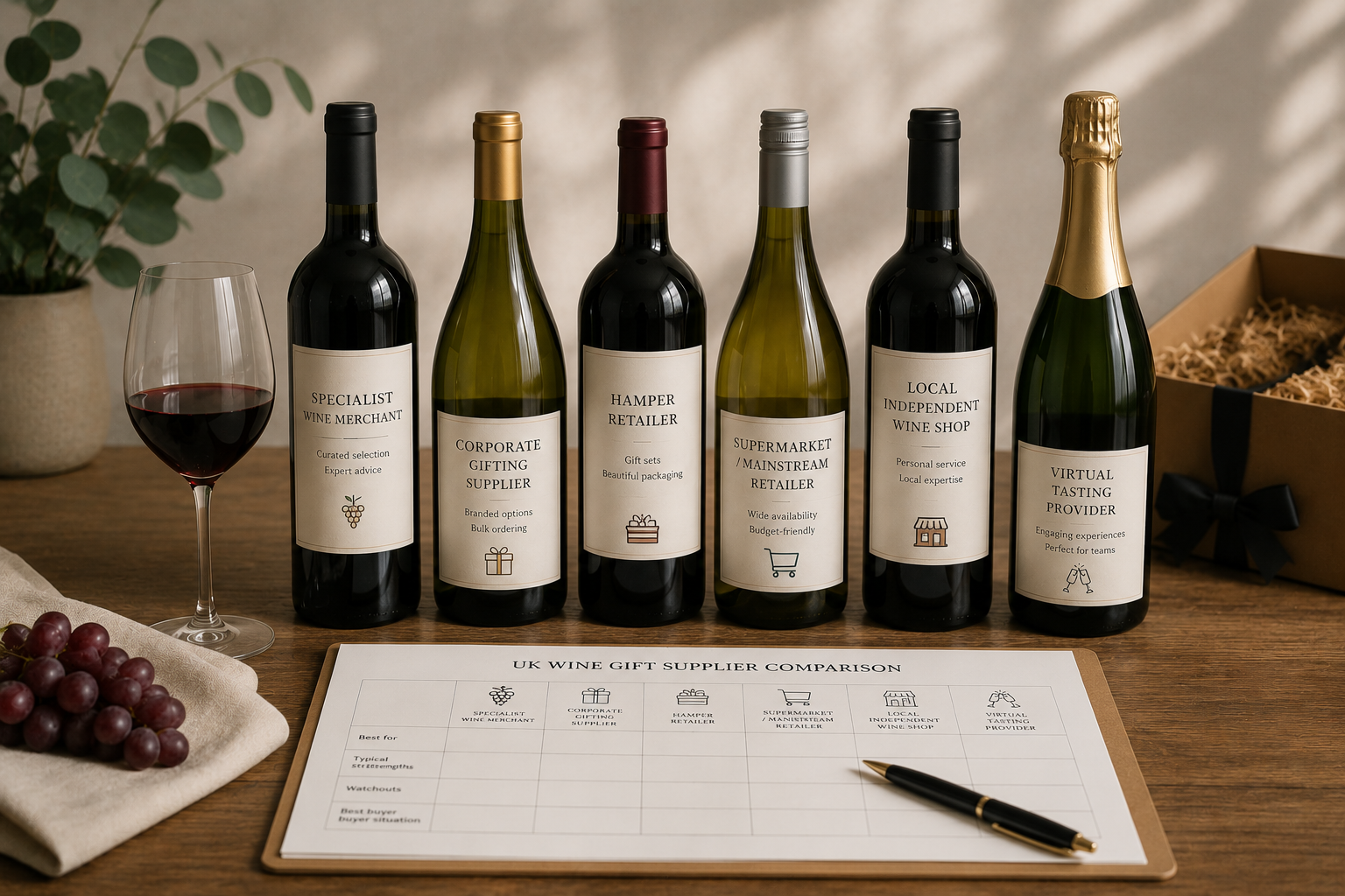 Wine supplier comparison table with bottles and tasting notes