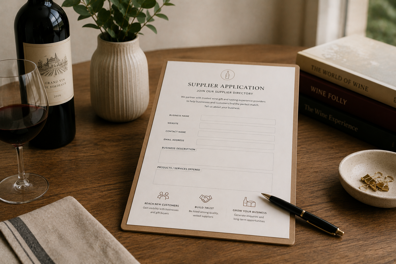 Supplier application form with wine bottle and desk setting