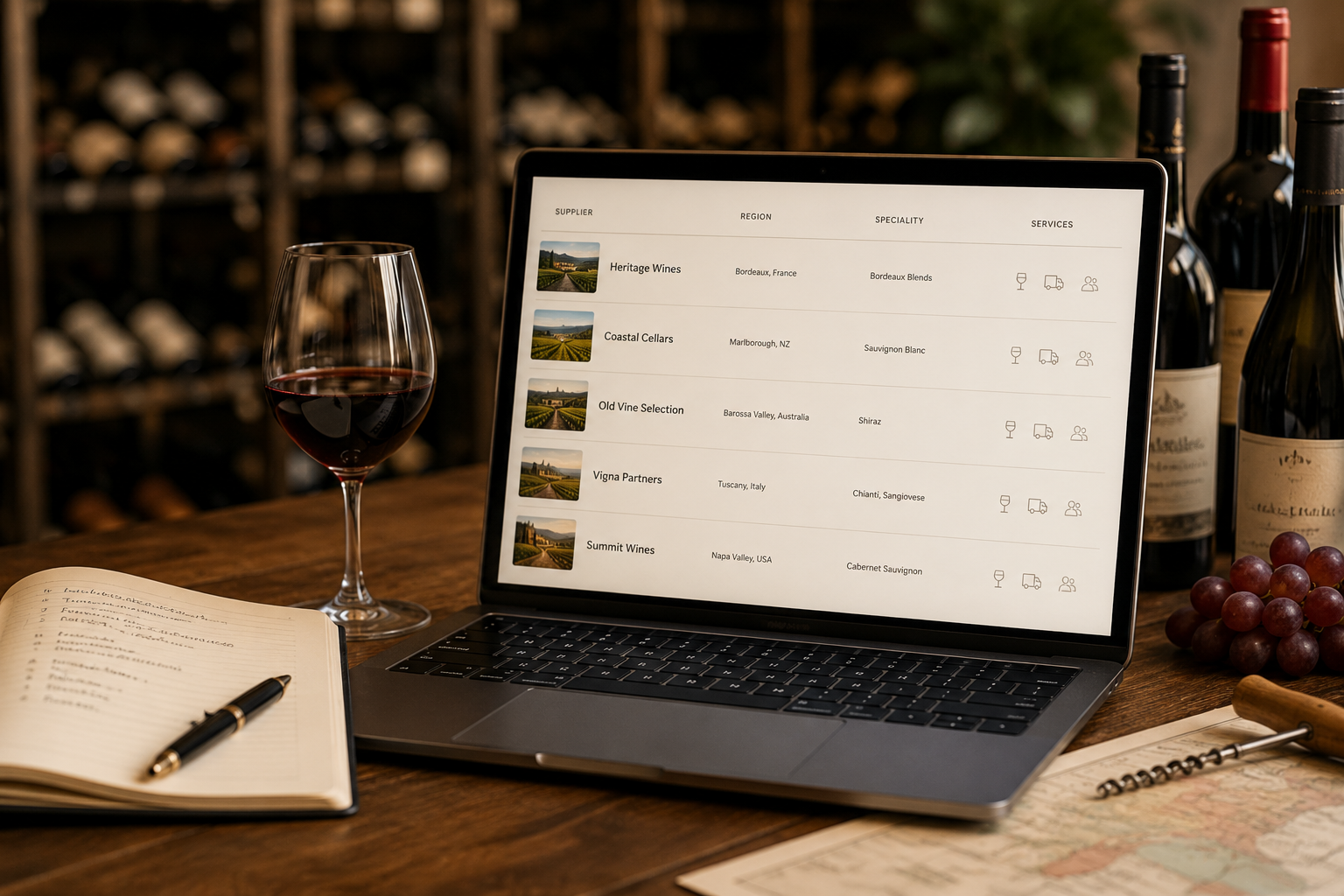 Wine bottles and supplier notes for corporate gifting